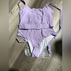 Purple One Piece Swimsuit with Belt Detail
